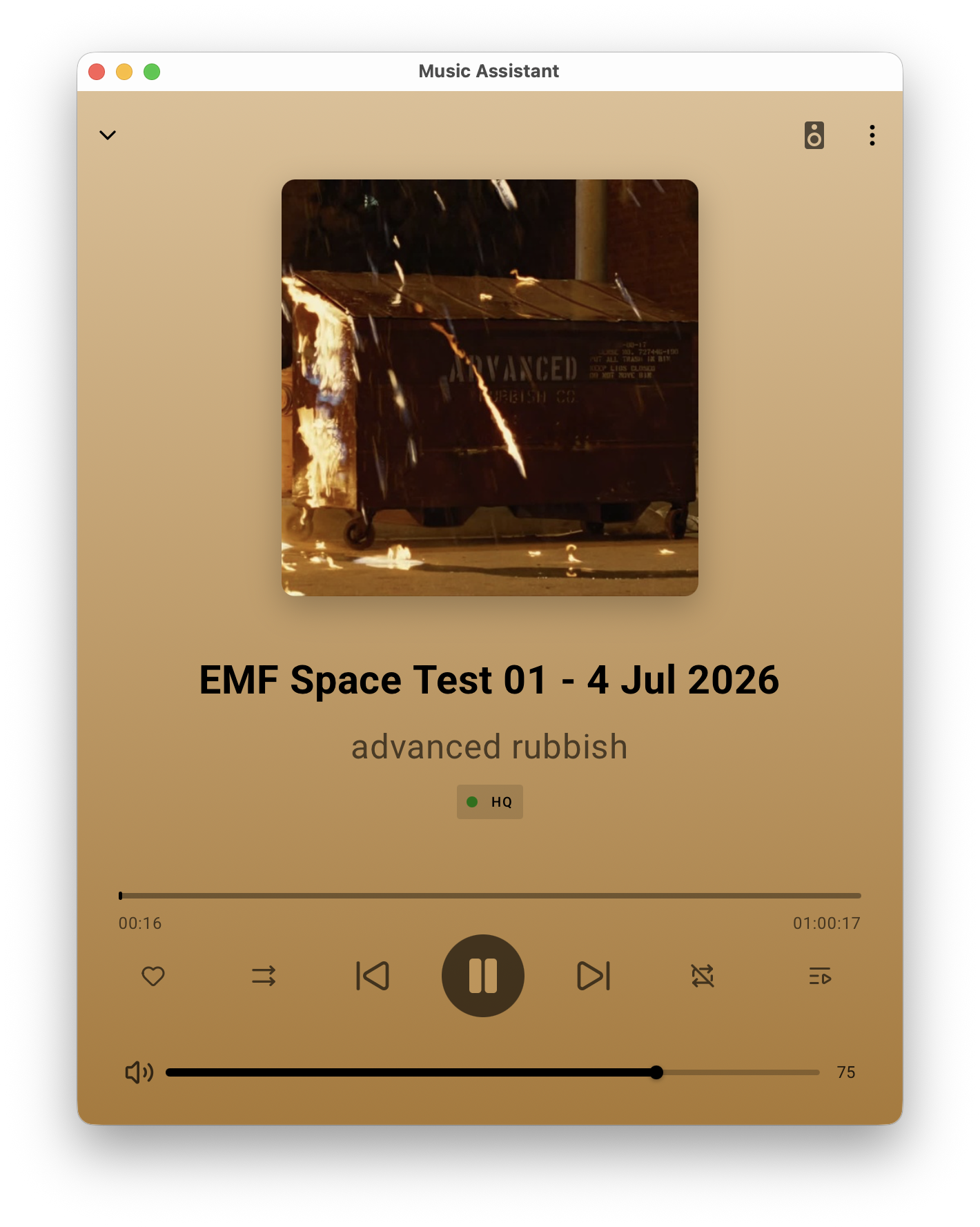 A screenshot of Music Assistant, showing the recorded DJ set as “EMF Space Test 01 - 4 Jul 2026”.